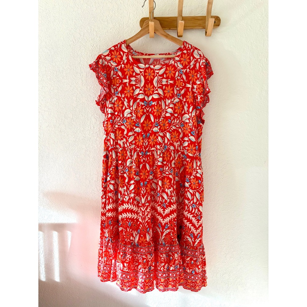 Kelmani Womens XL 20 Red Floral Sundress Flutter Sleeve Boho Tiered Midi Pocket